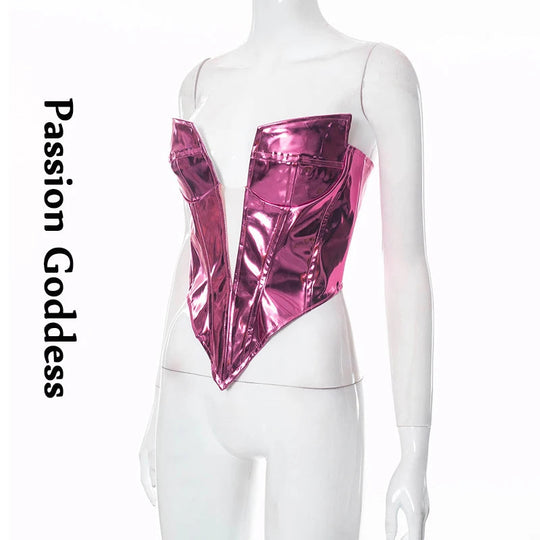 Sexy Frauen Shiny Gold Silber Bustier Crop Tops Helle PU Leder Krone Gürtel Abnehmen Taille Liebsten Low-cut Korsett top Sommer Festival Outfits | Techno Shirts | Rave Clothing