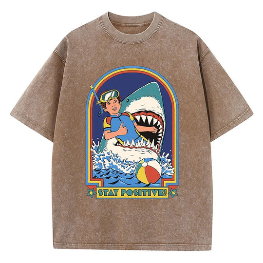 Bleiben Sie positiv, Cartoon-Druck, Damen-Wasch-T-Shirt, atmungsaktiv, bequem, kurzärmelig, modisch, cooles T-Shirt, Not-O-Ausschnitt-Kleidung Festival Outfits | Techno Shirts | Rave Clothing