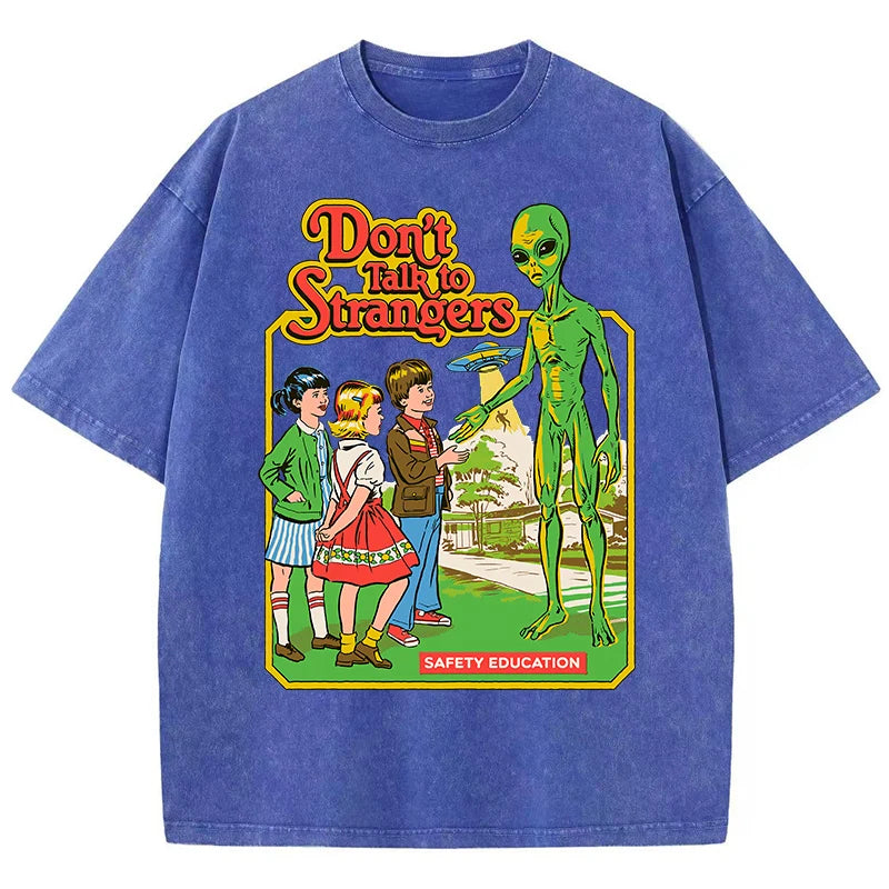 Cartoon Alien Klassische Kommunikation Druck Frauen T-shirt Atmungsaktive Baumwolle Kurzarm Gewaschen Vintage Abgenutzt Weibliche T Shirts Festival Outfits | Techno Shirts | Rave Clothing