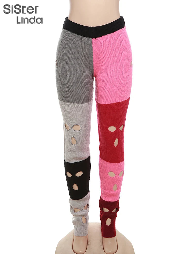 Sister linda gestrickte hipster chic y2k hohle hose frauen zerrissen elastische hohe taille lässige basi hose weibliche hosen streetwear FESTIVAL OUTFITS & STREETWEAR