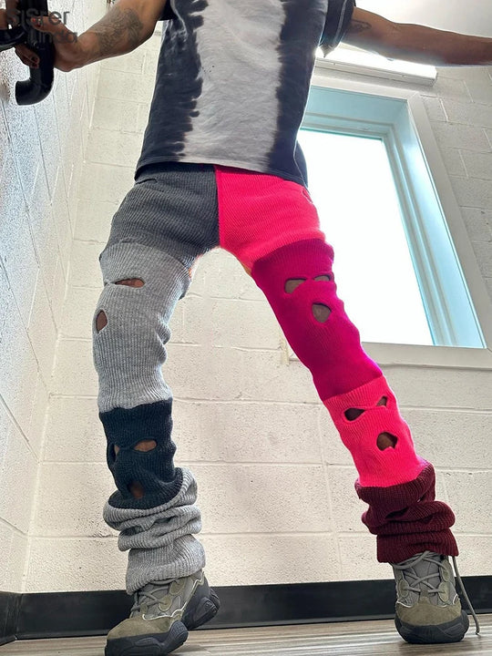 Sister linda gestrickte hipster chic y2k hohle hose frauen zerrissen elastische hohe taille lässige basi hose weibliche hosen streetwear FESTIVAL OUTFITS & STREETWEAR