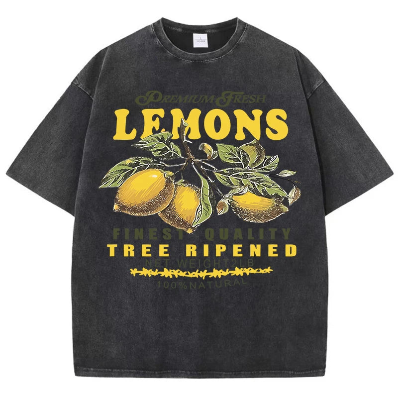 Premium Fresh Lemons Fruit Print Damen Washed T-Shirts Y2K Bequemes, kurzärmliges, lockeres All-Match-T-Shirt aus Baumwolle Hip-Hop-Top Festival Outfits | Techno Shirts | Rave Clothing