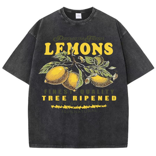 Premium Fresh Lemons Fruit Print Damen Washed T-Shirts Y2K Bequemes, kurzärmliges, lockeres All-Match-T-Shirt aus Baumwolle Hip-Hop-Top Festival Outfits | Techno Shirts | Rave Clothing