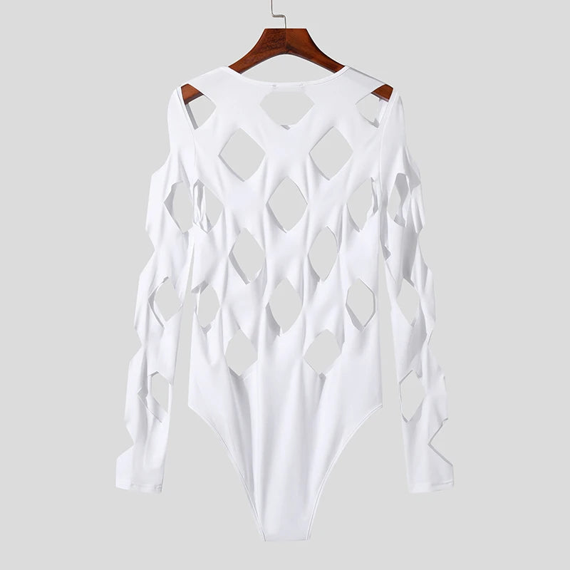 INCERUN Men Bodysuits Solid Color Hollow Out Sexy O-neck Long Sleeve Men T Shirts Rompers Streetwear 2024 Fashion Bodysuit S-3XL Festival Outfits | Techno Shirts | Rave Clothing