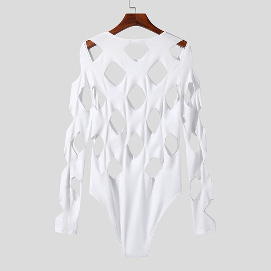 INCERUN Men Bodysuits Solid Color Hollow Out Sexy O-neck Long Sleeve Men T Shirts Rompers Streetwear 2024 Fashion Bodysuit S-3XL Festival Outfits | Techno Shirts | Rave Clothing