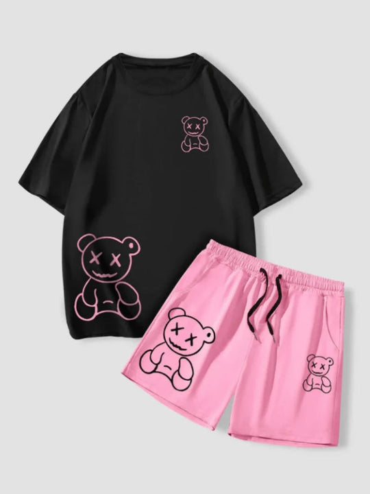 Herren Sommer Cartoon Bär 2-teilige Anzüge Casual T-Shirt und Kordelzug Taille Shorts Set 2025 Urlaub Strand Übergroße Outfits Festival Outfits | Techno Shirts | Rave Clothing