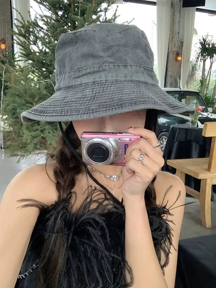2025 Blaue Cowboy-Wander-Eimerhüte mit Schnur, Herren-Denim-Strand-Sonnenhut für Damen, Outdoor, Paar, Bob, Panama, Sommer-Fischerkappe Festival Outfits | Techno Shirts | Rave Clothing