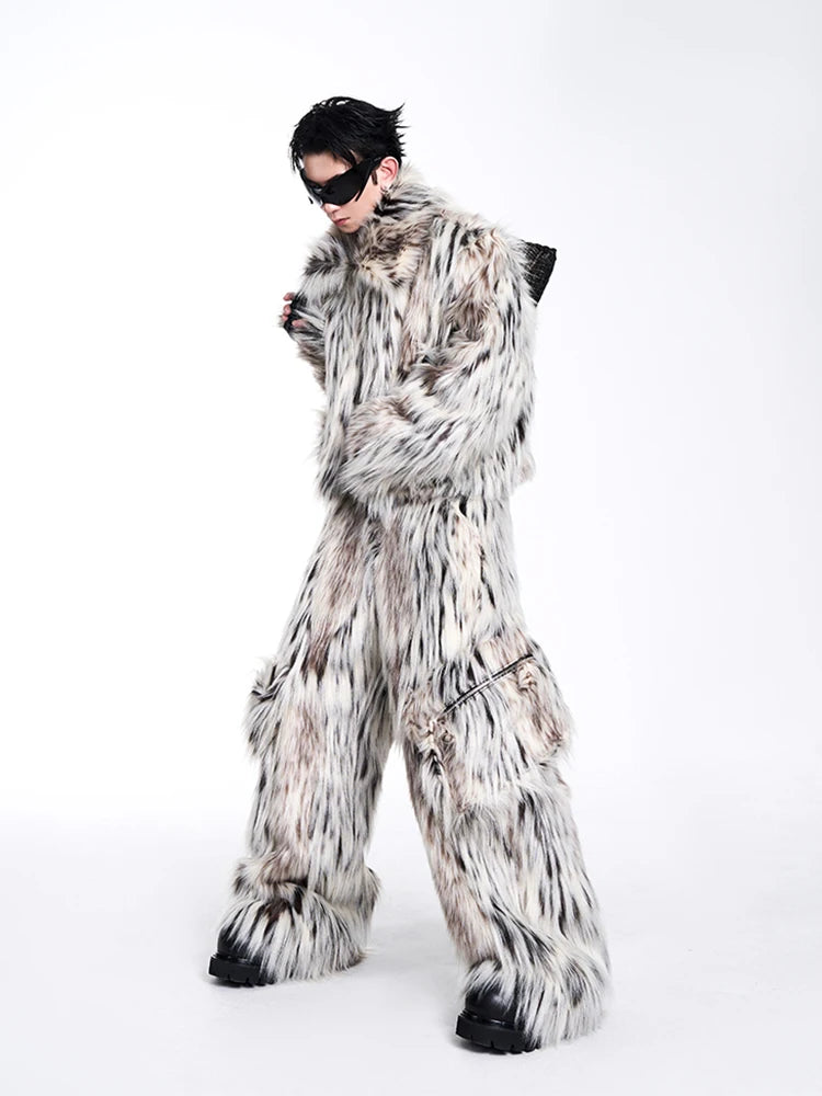 Mauroicardi Herbst Winter Lange Bunte Dicke Warme Haarige Flauschigen Faux Pelz Breite Bein Hosen Männer Taschen Runway Fashion Streetwear Festival Outfits | Techno Shirts | Rave Clothing
