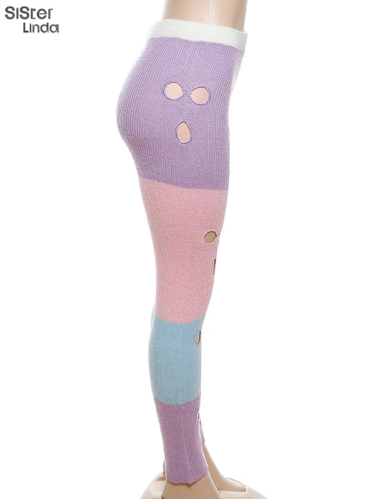 Sister linda gestrickte hipster chic y2k hohle hose frauen zerrissen elastische hohe taille lässige basi hose weibliche hosen streetwear FESTIVAL OUTFITS & STREETWEAR