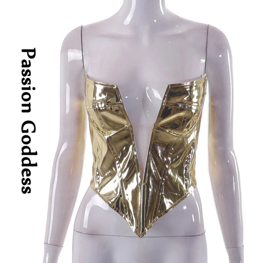 Sexy Frauen Shiny Gold Silber Bustier Crop Tops Helle PU Leder Krone Gürtel Abnehmen Taille Liebsten Low-cut Korsett top Sommer Festival Outfits | Techno Shirts | Rave Clothing