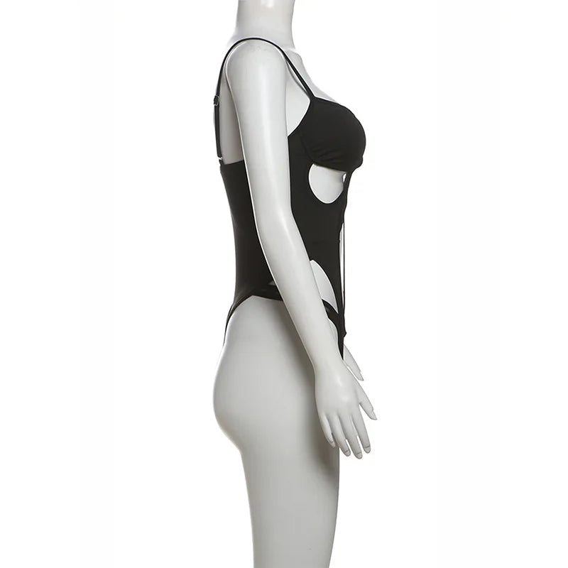 Schwarze Bandage aushöhlen Sexy Cyber Y2k Bodys Gothic Techwear Mesh Patchwork Tops weibliche Handschuh Ärmel Mock Neck Bodysuit Festival Outfits | Techno Shirts | Rave Clothing