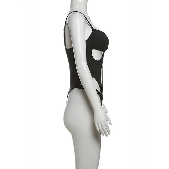 Schwarze Bandage aushöhlen Sexy Cyber Y2k Bodys Gothic Techwear Mesh Patchwork Tops weibliche Handschuh Ärmel Mock Neck Bodysuit Festival Outfits | Techno Shirts | Rave Clothing