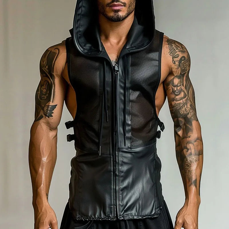 Men's Leather Stitching Net Shirt Motorcycle Leather Vest Top Sexy See-through Hooded Vest Muscular Men Fitness Vest Tank Top Me Festival Outfits | Techno Shirts | Rave Clothing