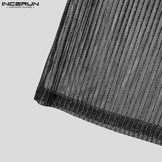 INCERUN Tops 2025 American Style Fashion Men Sparkling Fabric Stripe Perspective Mesh Vests Casual Clubwear Male Thin Tank Tops Festival Outfits | Techno Shirts | Rave Clothing