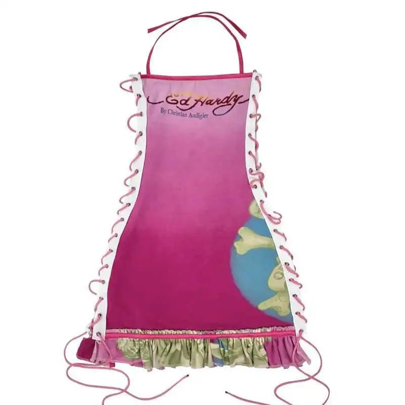 Totenkopf bedruckte Gothic-Minikleider für Damen, Schnürung, Neckholder, sexy Kleider, Slash-Ausschnitt, Y2k-Partykleider, A-Linie, figurbetontes Kleid für Damen Festival Outfits | Techno Shirts | Rave Clothing