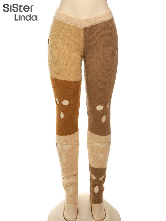 Sister linda gestrickte hipster chic y2k hohle hose frauen zerrissen elastische hohe taille lässige basi hose weibliche hosen streetwear FESTIVAL OUTFITS & STREETWEAR