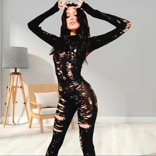 Modischer, einzigartiger Streetwear-Herbst-Damen-Strickoverall mit hoher Taille, ausgehöhlt, lässig, trendiges Langarm-Oberteil Festival Outfits | Techno Shirts | Rave Clothing