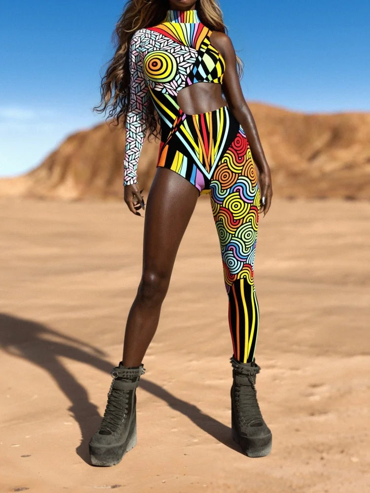 Halloween Unisex Art Irregular Lines Bodysuit Holiday Party Role Playing Solid Color Bodysuit Stage Performance Tights Costume Festival Outfits | Techno Shirts | Rave Clothing