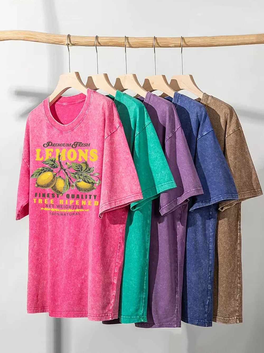 Premium Fresh Lemons Fruit Print Damen Washed T-Shirts Y2K Bequemes, kurzärmliges, lockeres All-Match-T-Shirt aus Baumwolle Hip-Hop-Top Festival Outfits | Techno Shirts | Rave Clothing