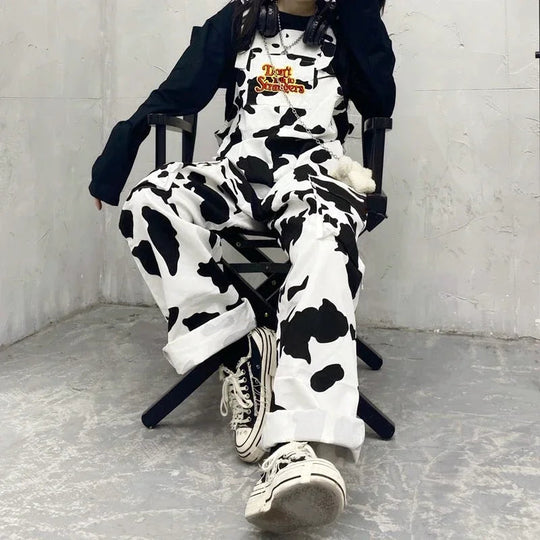 Street Hip-hop Harajuku Girl Cow Print Oneies for Women Black White Plaid Overalls Casual Jumpsuit Trousers Baggy Pants Festival Outfits | Techno Shirts | Rave Clothing