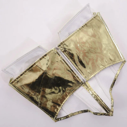 Sexy Frauen Shiny Gold Silber Bustier Crop Tops Helle PU Leder Krone Gürtel Abnehmen Taille Liebsten Low-cut Korsett top Sommer Festival Outfits | Techno Shirts | Rave Clothing