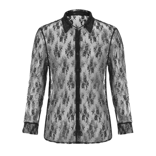 Men's Mesh See Through Mesh Sexy Lace Shirt Long Sleeve Fishnet Hollow Out Vintage Streetwear Slim Fashion Party Clothing S-XL Festival Outfits | Techno Shirts | Rave Clothing
