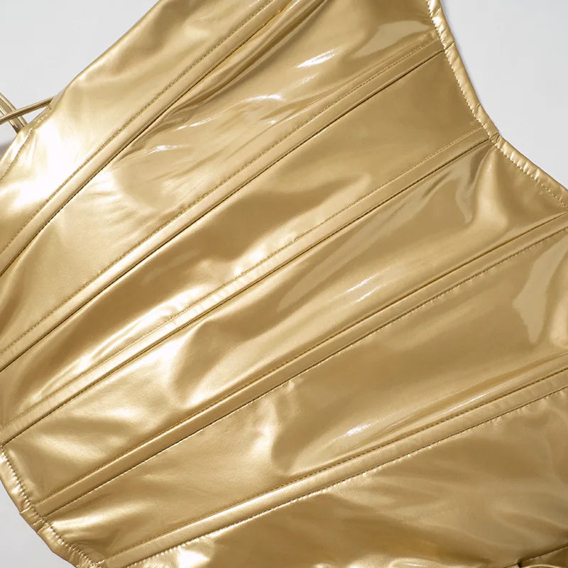 Sexy Frauen Shiny Gold Silber Bustier Crop Tops Helle PU Leder Krone Gürtel Abnehmen Taille Liebsten Low-cut Korsett top Sommer Festival Outfits | Techno Shirts | Rave Clothing