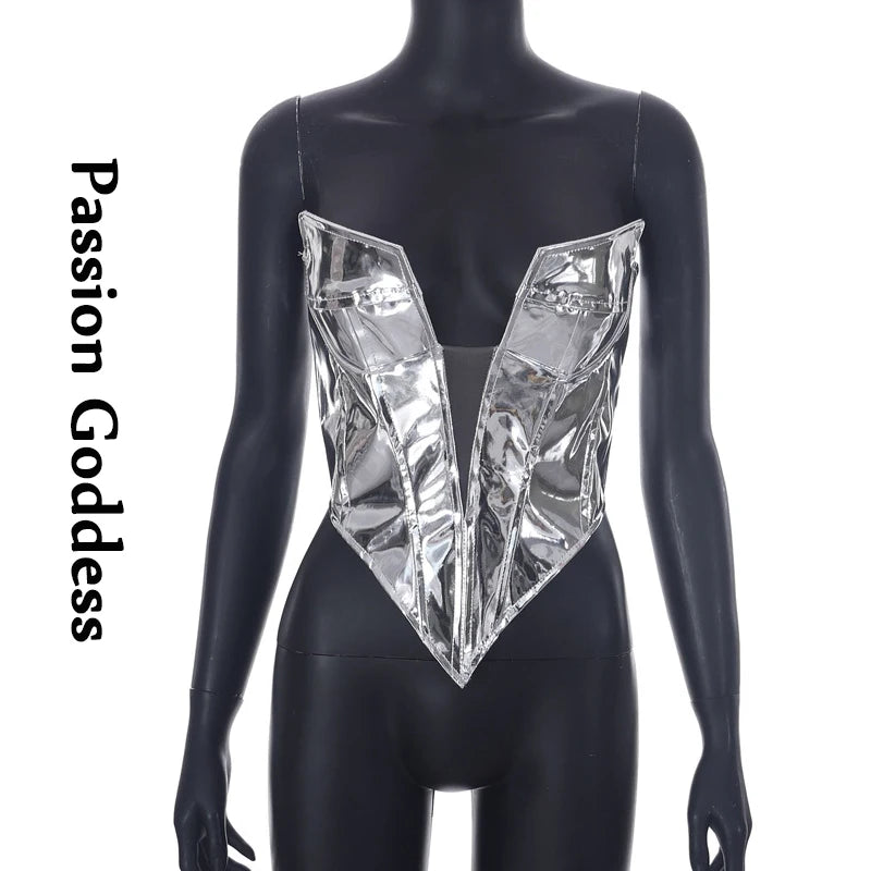 Sexy Frauen Shiny Gold Silber Bustier Crop Tops Helle PU Leder Krone Gürtel Abnehmen Taille Liebsten Low-cut Korsett top Sommer Festival Outfits | Techno Shirts | Rave Clothing