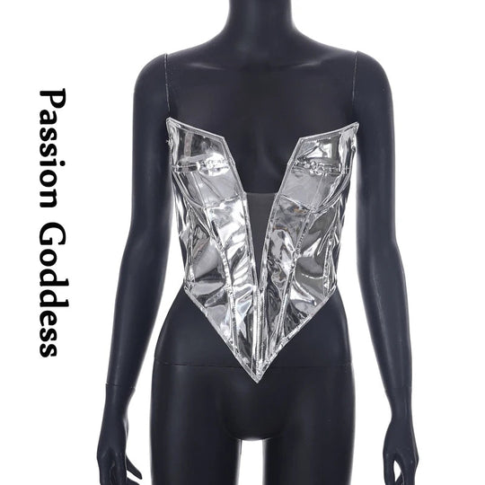 Sexy Frauen Shiny Gold Silber Bustier Crop Tops Helle PU Leder Krone Gürtel Abnehmen Taille Liebsten Low-cut Korsett top Sommer Festival Outfits | Techno Shirts | Rave Clothing