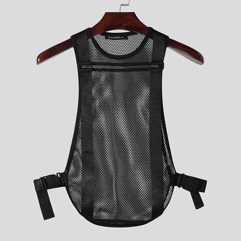 INCERUN Tops 2024 Korean Style Fashion Mens Mesh Hollow Buckle Vests Casual Sexy Male Thin Breathable Sleeveless Tank Tops S-5XL Festival Outfits | Techno Shirts | Rave Clothing
