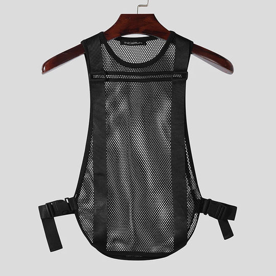 INCERUN Tops 2024 Korean Style Fashion Mens Mesh Hollow Buckle Vests Casual Sexy Male Thin Breathable Sleeveless Tank Tops S-5XL Festival Outfits | Techno Shirts | Rave Clothing