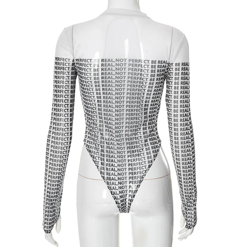 Shestyle Brief Gedruckt Mesh Transparent Bodystui Frauen Getäfelten Zeitung Langarm Rundhals T-Shirts Tanga Schöne Heiße Festival Outfits | Techno Shirts | Rave Clothing