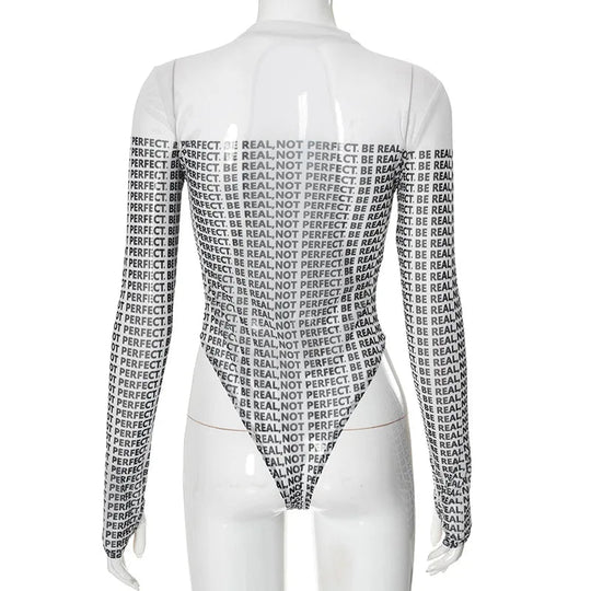 Shestyle Brief Gedruckt Mesh Transparent Bodystui Frauen Getäfelten Zeitung Langarm Rundhals T-Shirts Tanga Schöne Heiße Festival Outfits | Techno Shirts | Rave Clothing
