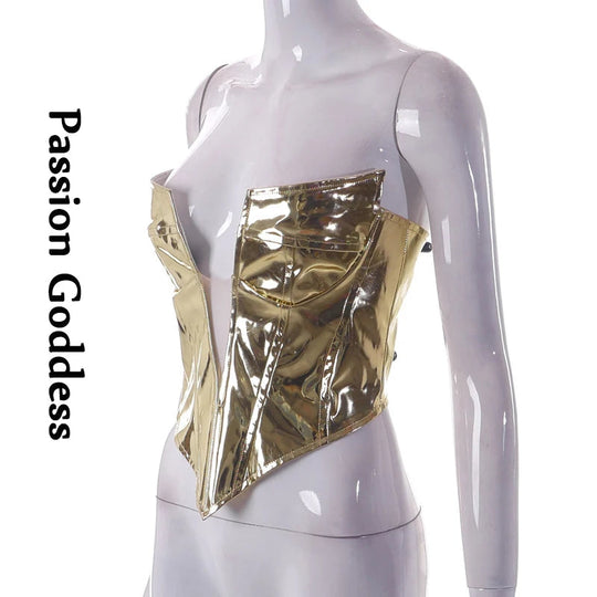 Sexy Frauen Shiny Gold Silber Bustier Crop Tops Helle PU Leder Krone Gürtel Abnehmen Taille Liebsten Low-cut Korsett top Sommer Festival Outfits | Techno Shirts | Rave Clothing