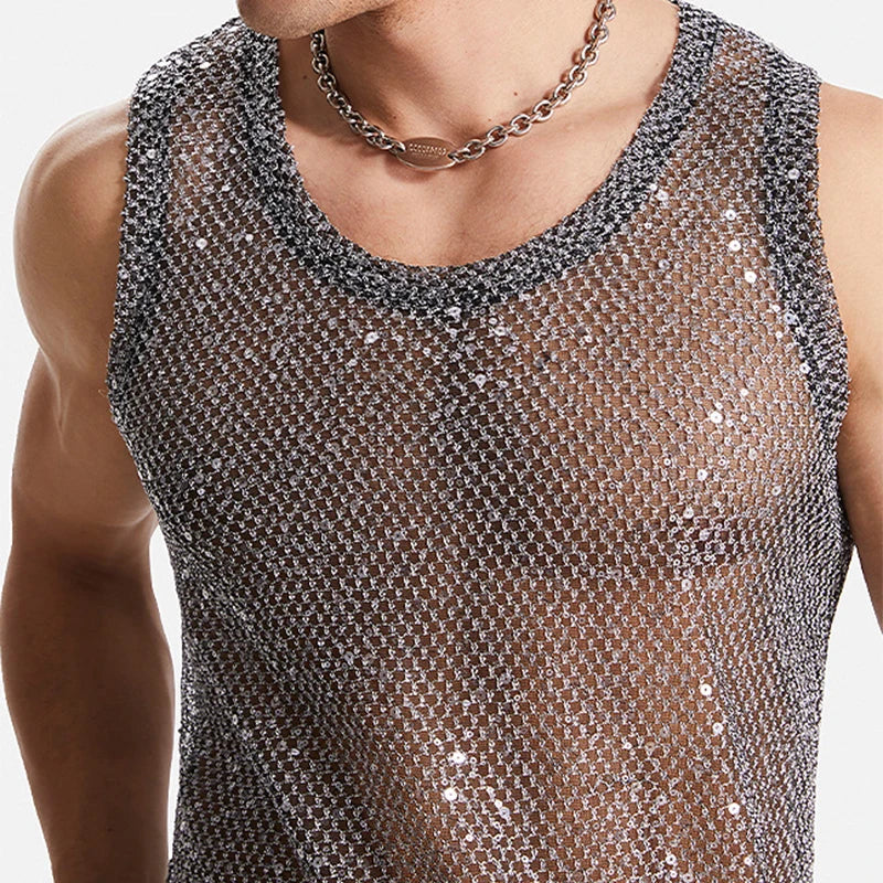 2024 Summer New Fashion Glitter Sequin Tank Tops Men Sexy Partywear Hollow Out Transparent Camisoles Mens Vintage Mesh Vest Top Festival Outfits | Techno Shirts | Rave Clothing