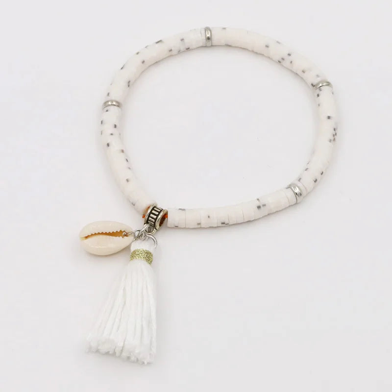 Handgemachte Schmuck Boho Armbänder für Frauen Mode Bunte Polymer Clay Perlen Shell Quaste Armband Geschenke für Weibliche Mädchen Festival Outfits | Techno Shirts | Rave Clothing