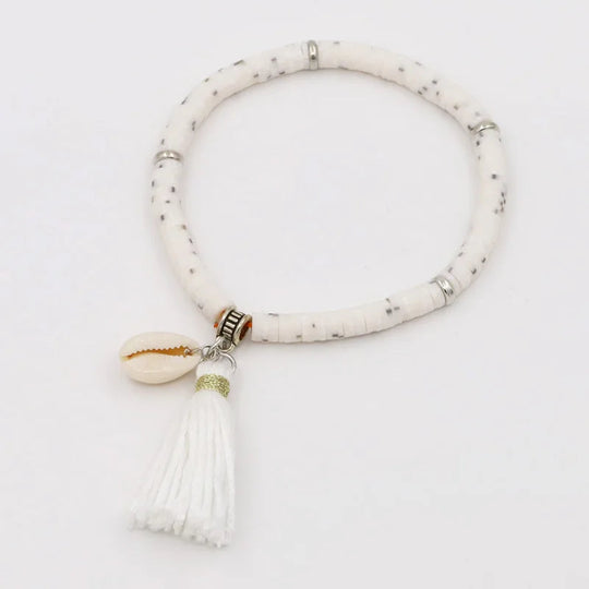 Handgemachte Schmuck Boho Armbänder für Frauen Mode Bunte Polymer Clay Perlen Shell Quaste Armband Geschenke für Weibliche Mädchen Festival Outfits | Techno Shirts | Rave Clothing