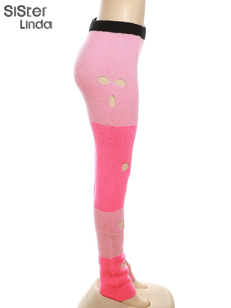 Sister linda gestrickte hipster chic y2k hohle hose frauen zerrissen elastische hohe taille lässige basi hose weibliche hosen streetwear FESTIVAL OUTFITS & STREETWEAR