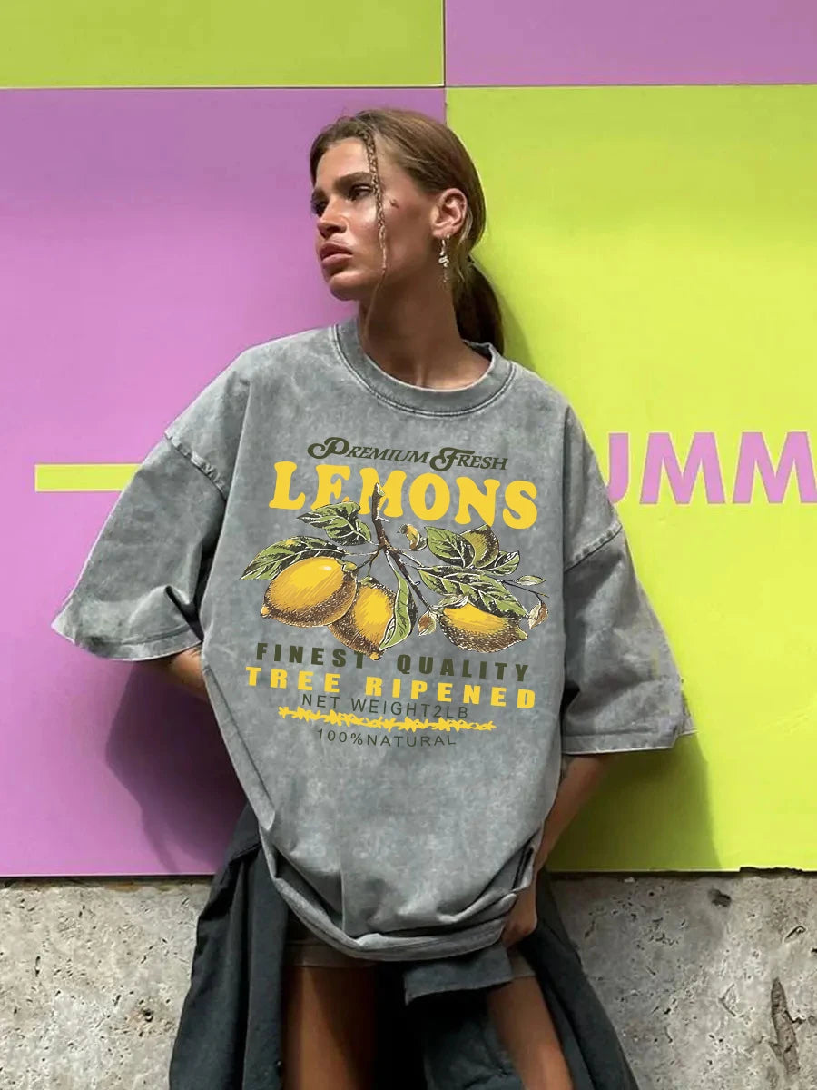 Premium Fresh Lemons Fruit Print Damen Washed T-Shirts Y2K Bequemes, kurzärmliges, lockeres All-Match-T-Shirt aus Baumwolle Hip-Hop-Top Festival Outfits | Techno Shirts | Rave Clothing