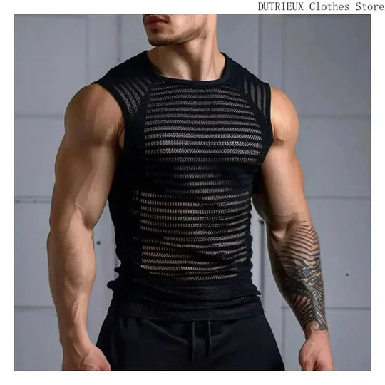 Men's Leather Stitching Net Shirt Motorcycle Leather Vest Top Sexy See-through Hooded Vest Muscular Men Fitness Vest Tank Top Me Festival Outfits | Techno Shirts | Rave Clothing