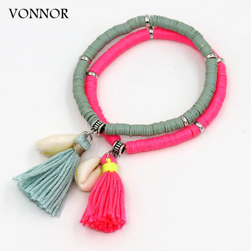 Handgemachte Schmuck Boho Armbänder für Frauen Mode Bunte Polymer Clay Perlen Shell Quaste Armband Geschenke für Weibliche Mädchen Festival Outfits | Techno Shirts | Rave Clothing