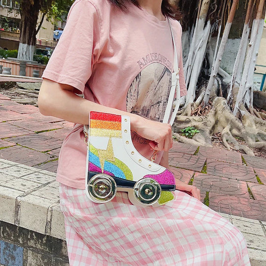 Fun Rainbow Glitter Roller Skate Women Handbag for Girls Novelty Rollerblade Crossbody and Pures Dazzing Daily Shoulder Bag Gift Festival Outfits | Techno Shirts | Rave Clothing
