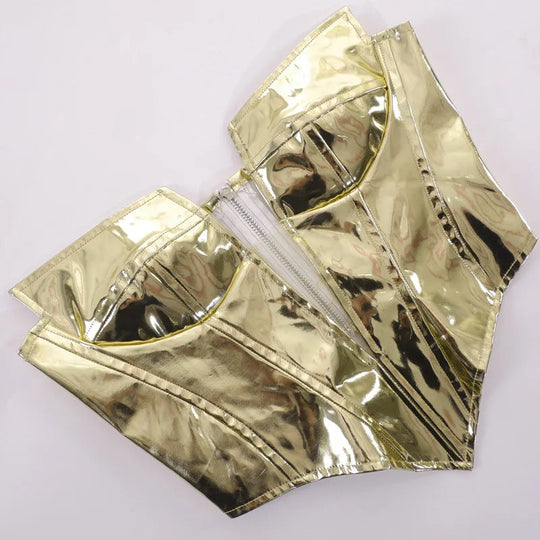 Sexy Frauen Shiny Gold Silber Bustier Crop Tops Helle PU Leder Krone Gürtel Abnehmen Taille Liebsten Low-cut Korsett top Sommer Festival Outfits | Techno Shirts | Rave Clothing