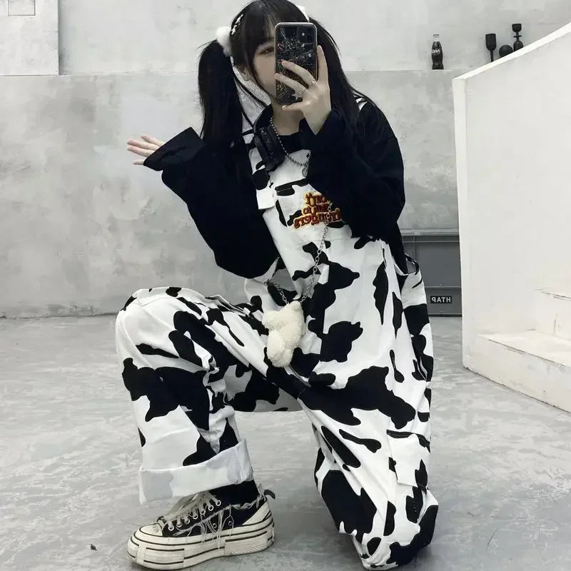 Street Hip-hop Harajuku Girl Cow Print Oneies for Women Black White Plaid Overalls Casual Jumpsuit Trousers Baggy Pants Festival Outfits | Techno Shirts | Rave Clothing