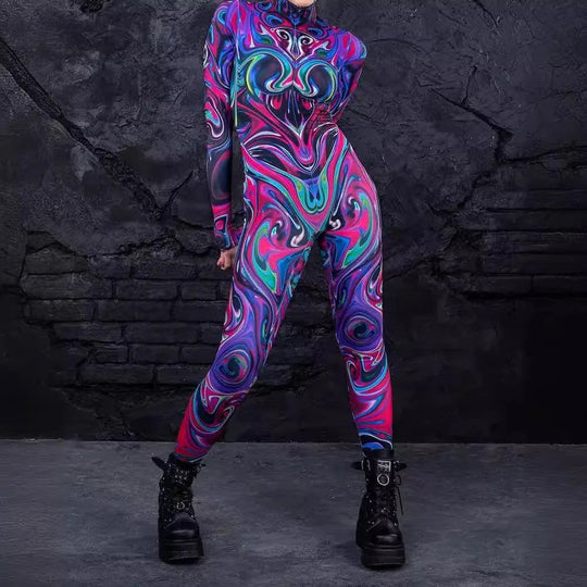 Colorful 3D Printing Women Holiday Party Cyber Punk Rainbow Jumpsuit Onesie Halloween Cosplay Costume Elastic Bodysuit Romper Festival Outfits | Techno Shirts | Rave Clothing