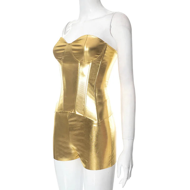 Sexy Frauen Shiny Gold Silber Bustier Crop Tops Helle PU Leder Krone Gürtel Abnehmen Taille Liebsten Low-cut Korsett top Sommer Festival Outfits | Techno Shirts | Rave Clothing