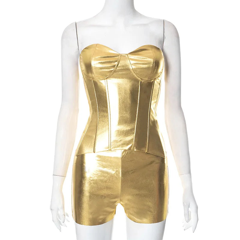 Sexy Frauen Shiny Gold Silber Bustier Crop Tops Helle PU Leder Krone Gürtel Abnehmen Taille Liebsten Low-cut Korsett top Sommer Festival Outfits | Techno Shirts | Rave Clothing