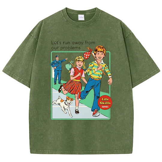 Let' Run Away From Our Problems Print Damen Distress T-Shirts Sommermode gewaschenes T-Shirt atmungsaktive T-Shirts weiche Kleidung Festival Outfits | Techno Shirts | Rave Clothing