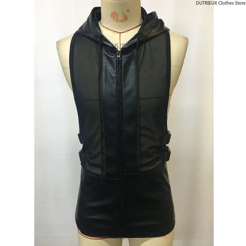 Men's Leather Stitching Net Shirt Motorcycle Leather Vest Top Sexy See-through Hooded Vest Muscular Men Fitness Vest Tank Top Me Festival Outfits | Techno Shirts | Rave Clothing