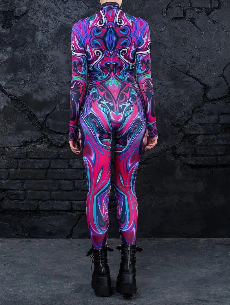 Colorful 3D Printing Women Holiday Party Cyber Punk Rainbow Jumpsuit Onesie Halloween Cosplay Costume Elastic Bodysuit Romper Festival Outfits | Techno Shirts | Rave Clothing
